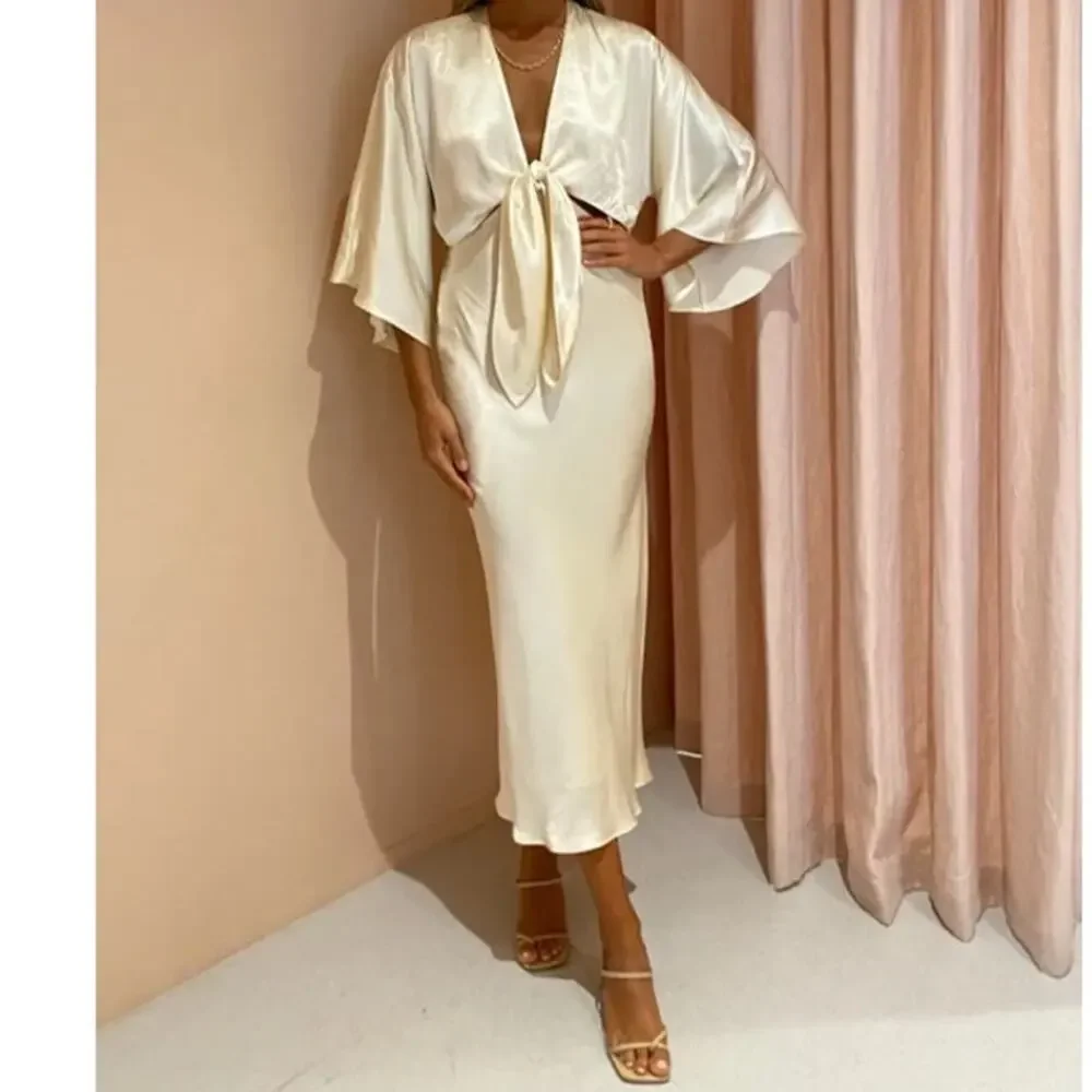 Shona Joy La Lune Tie Front Bias Midi Dress Cream - Picture 14 of 14